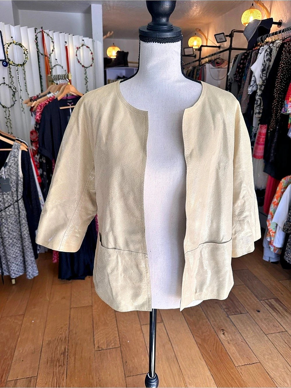 Lafayette 148 New York Cream Crackle Leather Open Front Jacket